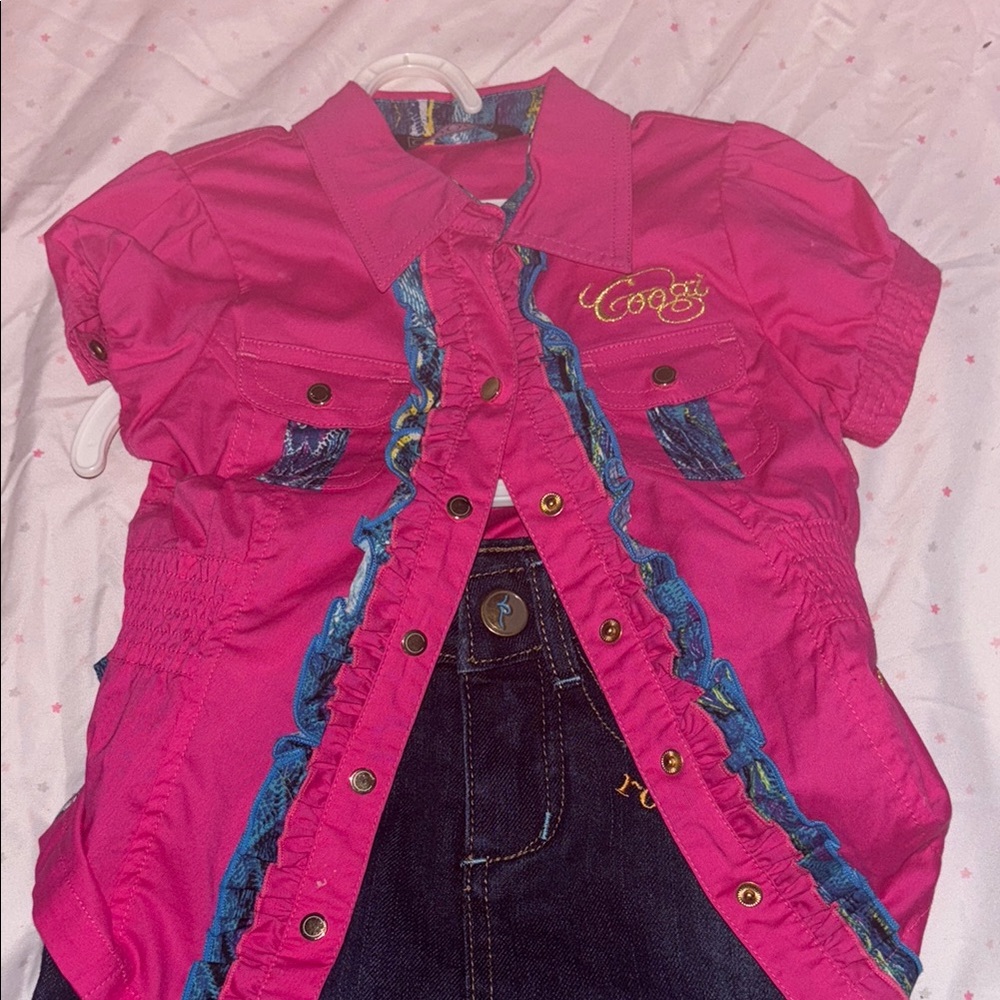 Coogi Kids Pink Shirt with Denim Skirt